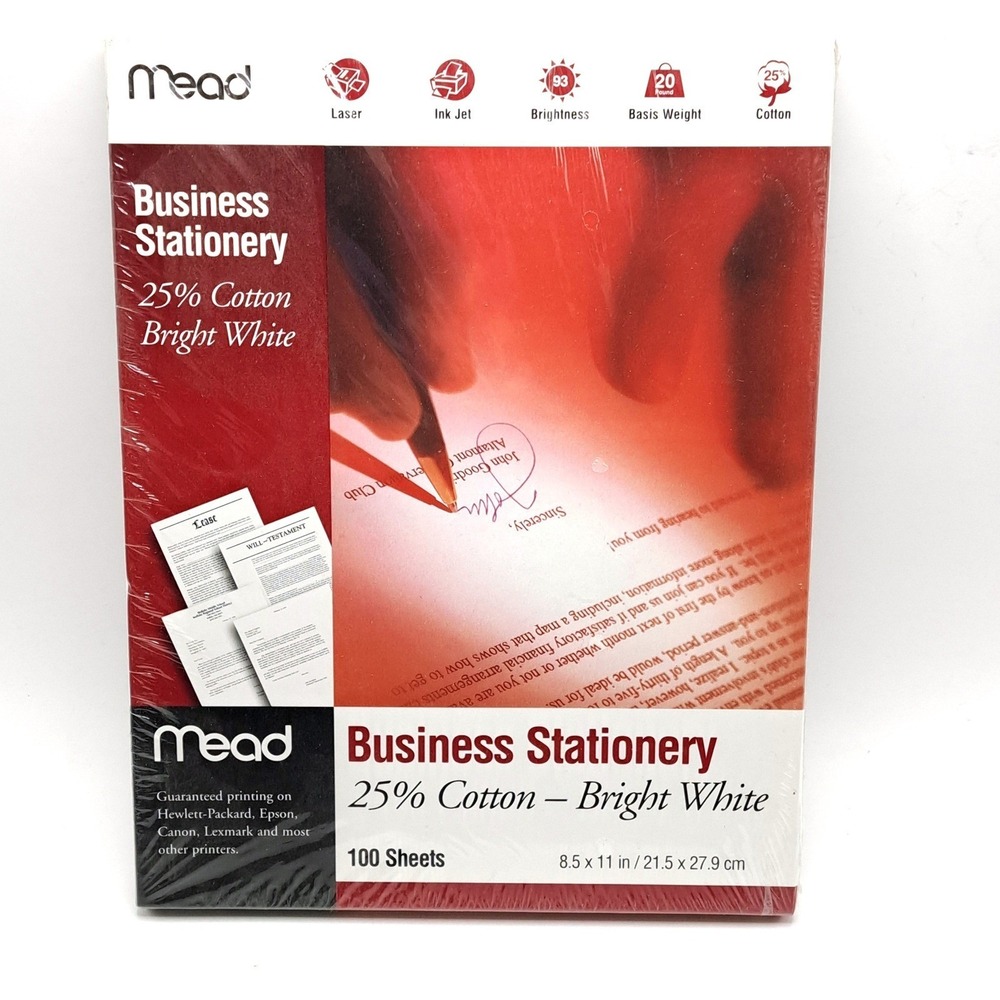Mead Business Stationery Paper 25 Percent Cotton Bright White 100 Sheets 8.5x11